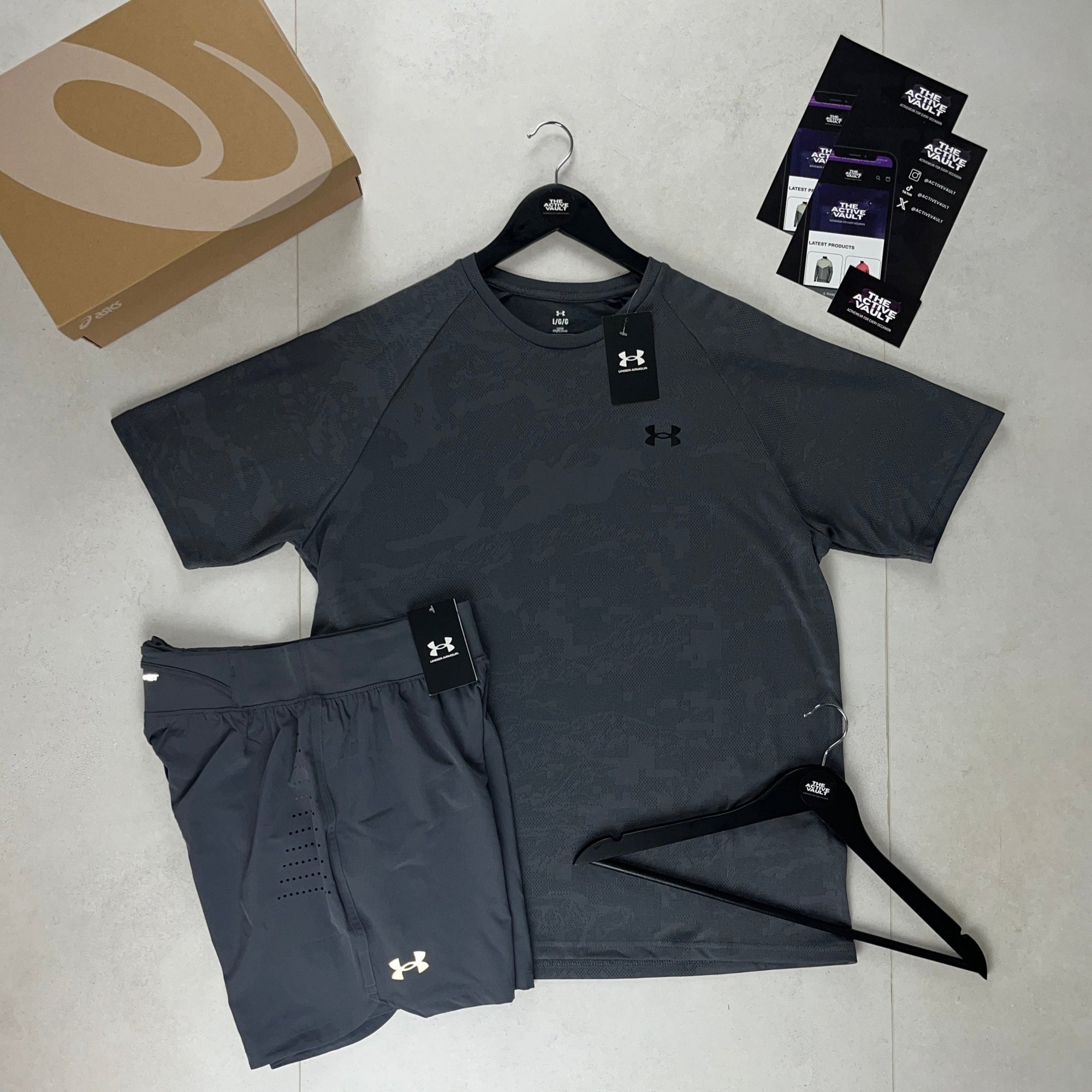 Under Armour Velocity Jacquard Camo T-Shirt and Speedpocket Shorts Set - Castlerock Grey / Grey