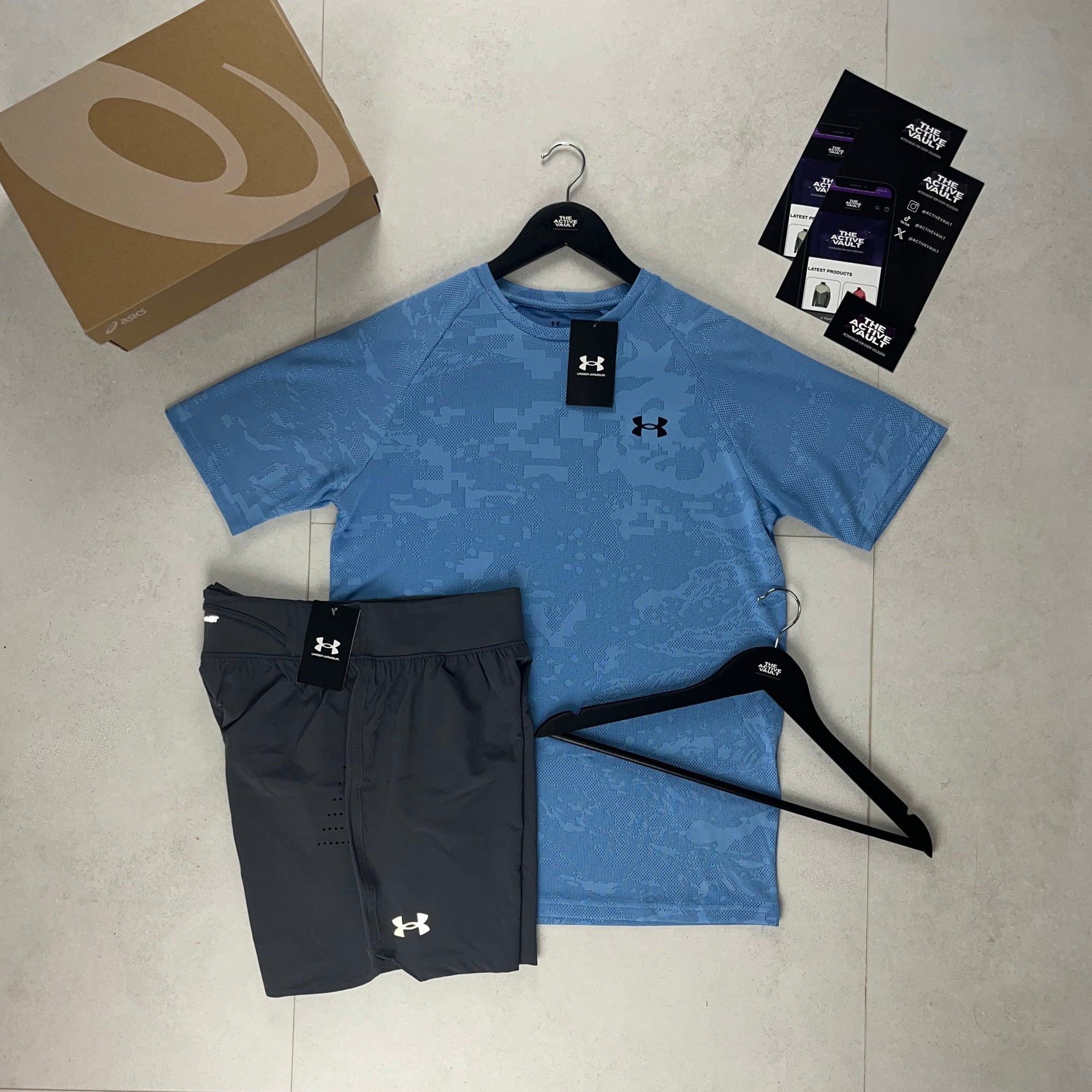 Under Armour Velocity Jacquard Camo T-Shirt and Speedpocket Shorts Set - Clear Blue / Grey