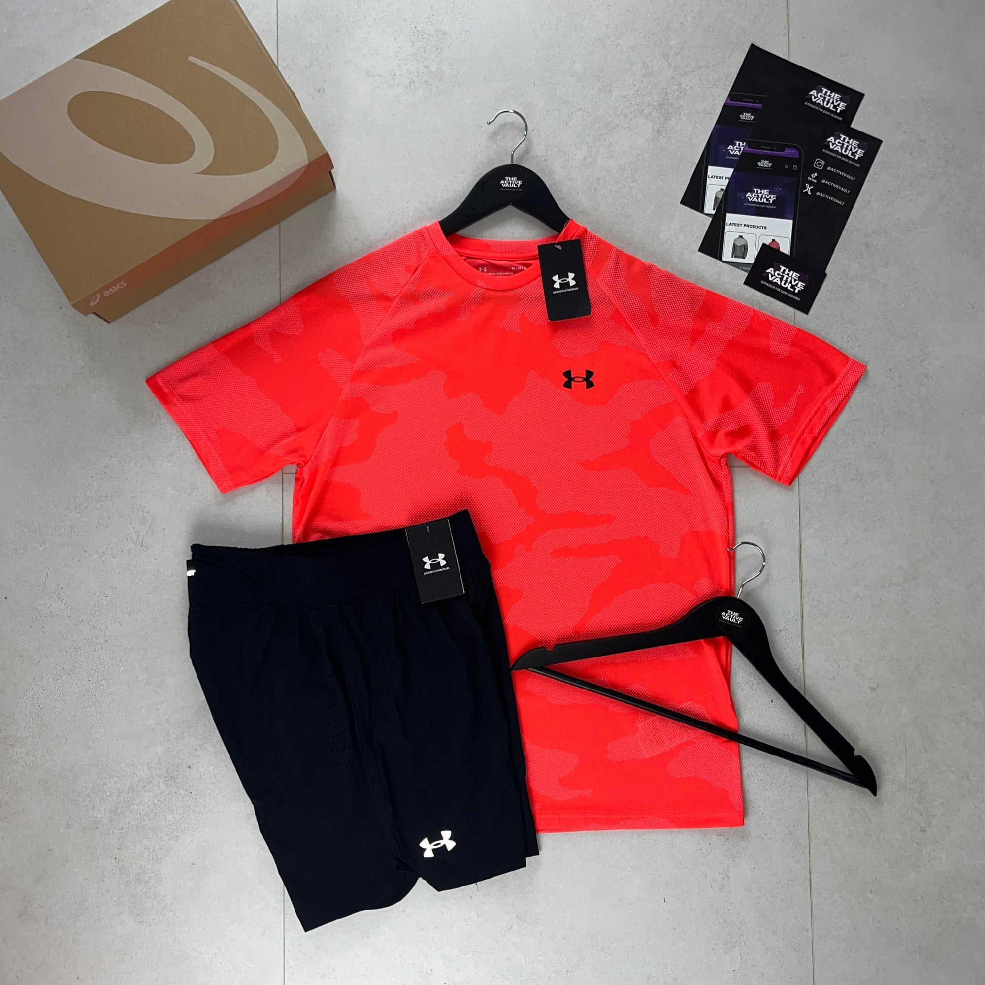 Under Armour Velocity Jacquard Camo T-Shirt and Speedpocket Shorts Set - Beta Red / Black