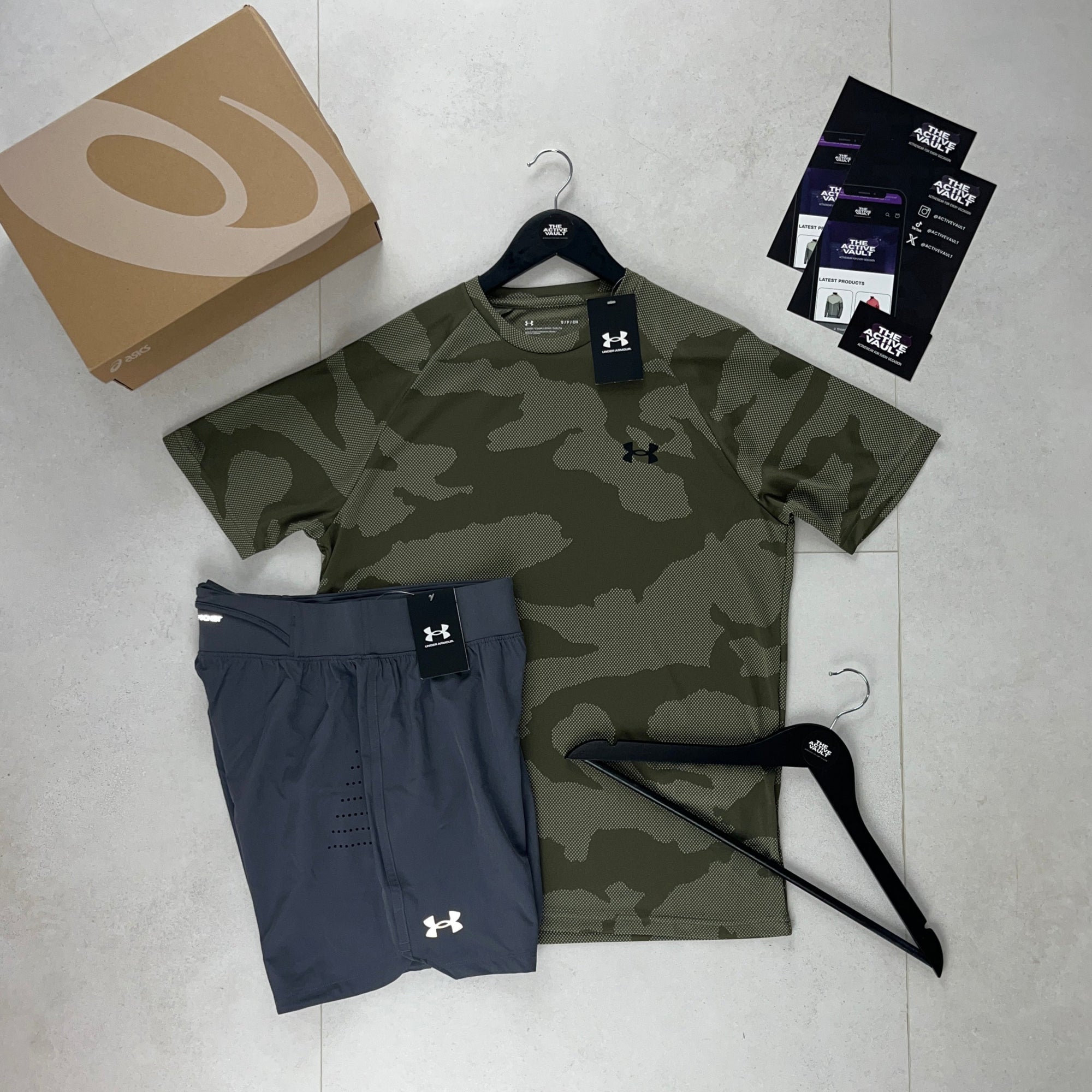 Under Armour Velocity Jacquard Camo T-Shirt and Speedpocket Shorts Set - Marine Green / Grey