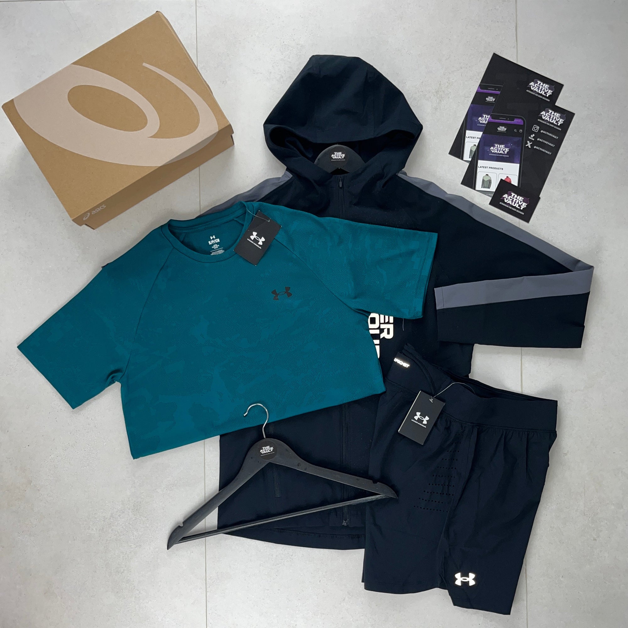 Under Armour Velocity Jacquard T-Shirt - Windbreaker - Speedpocket Shorts Outfit - Hydro Teal / Black / Black