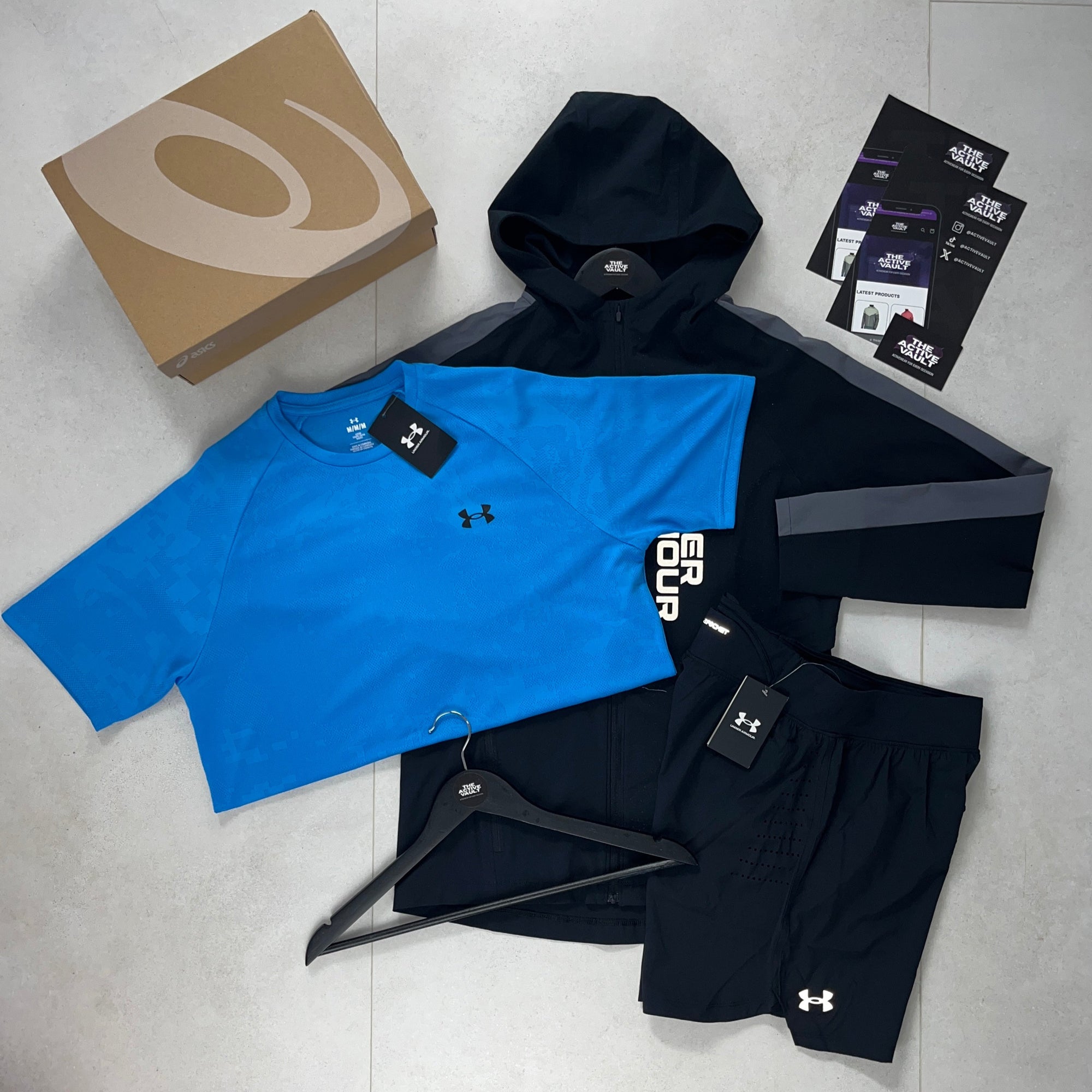 Under Armour Velocity Jacquard T-Shirt - Windbreaker - Speedpocket Shorts Outfit - Ether Blue / Black / Black