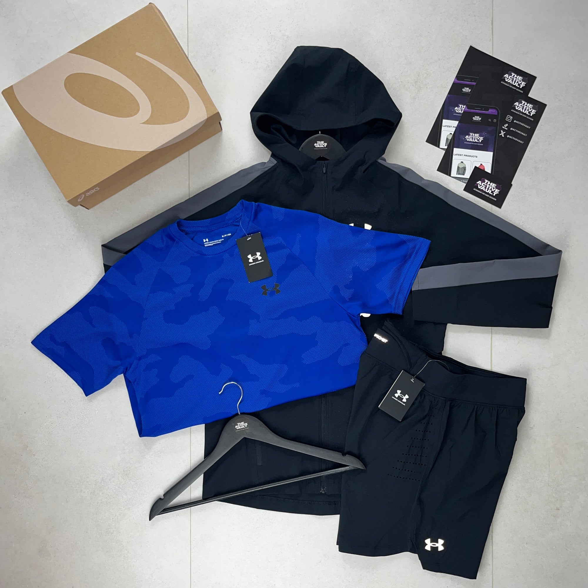 Under Armour Velocity Jacquard T-Shirt - Windbreaker - Speedpocket Shorts Outfit - Blue Royal / Black / Black