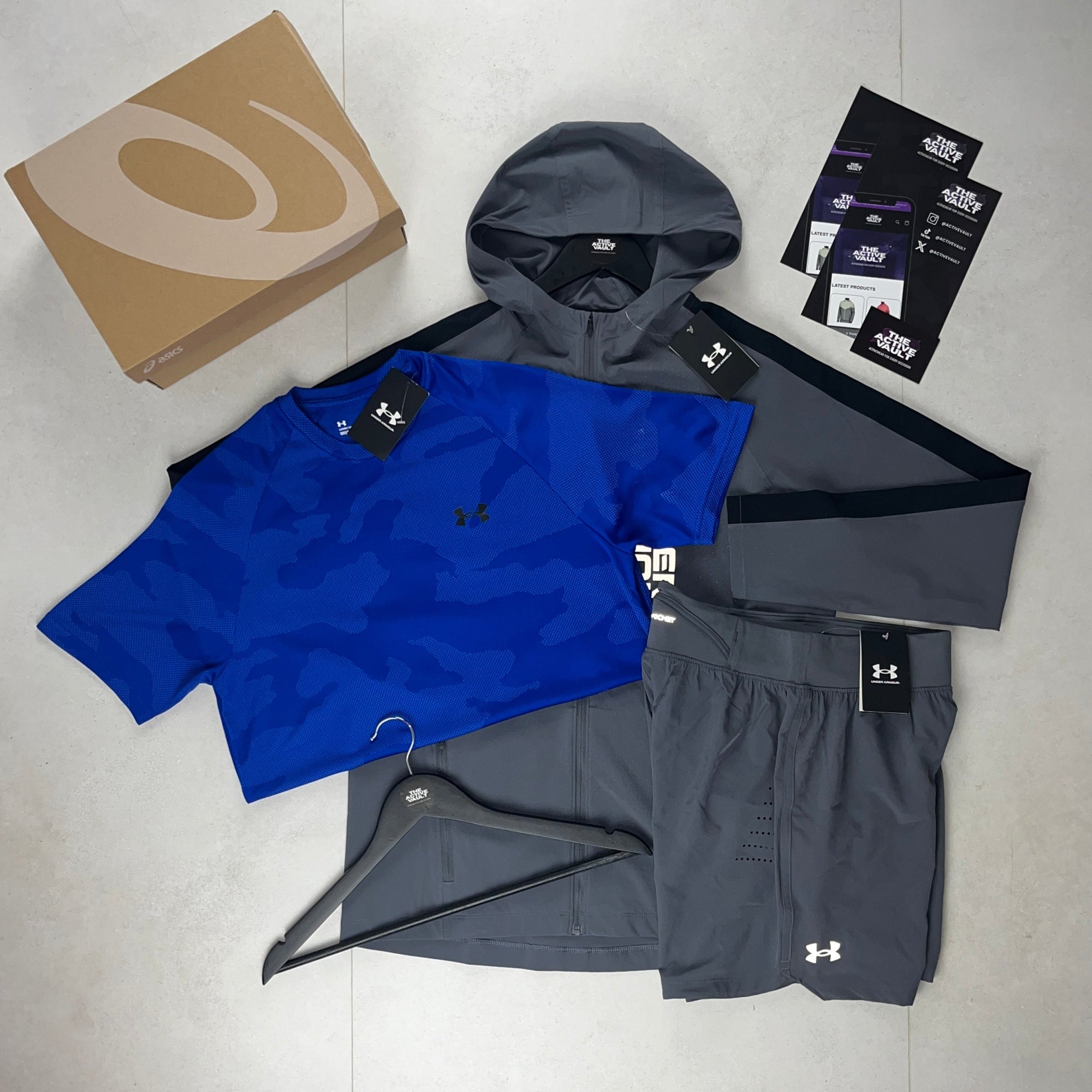 Under Armour Velocity Jacquard T-Shirt - Windbreaker - Speedpocket Shorts Outfit - Blue Royal / Grey / Grey
