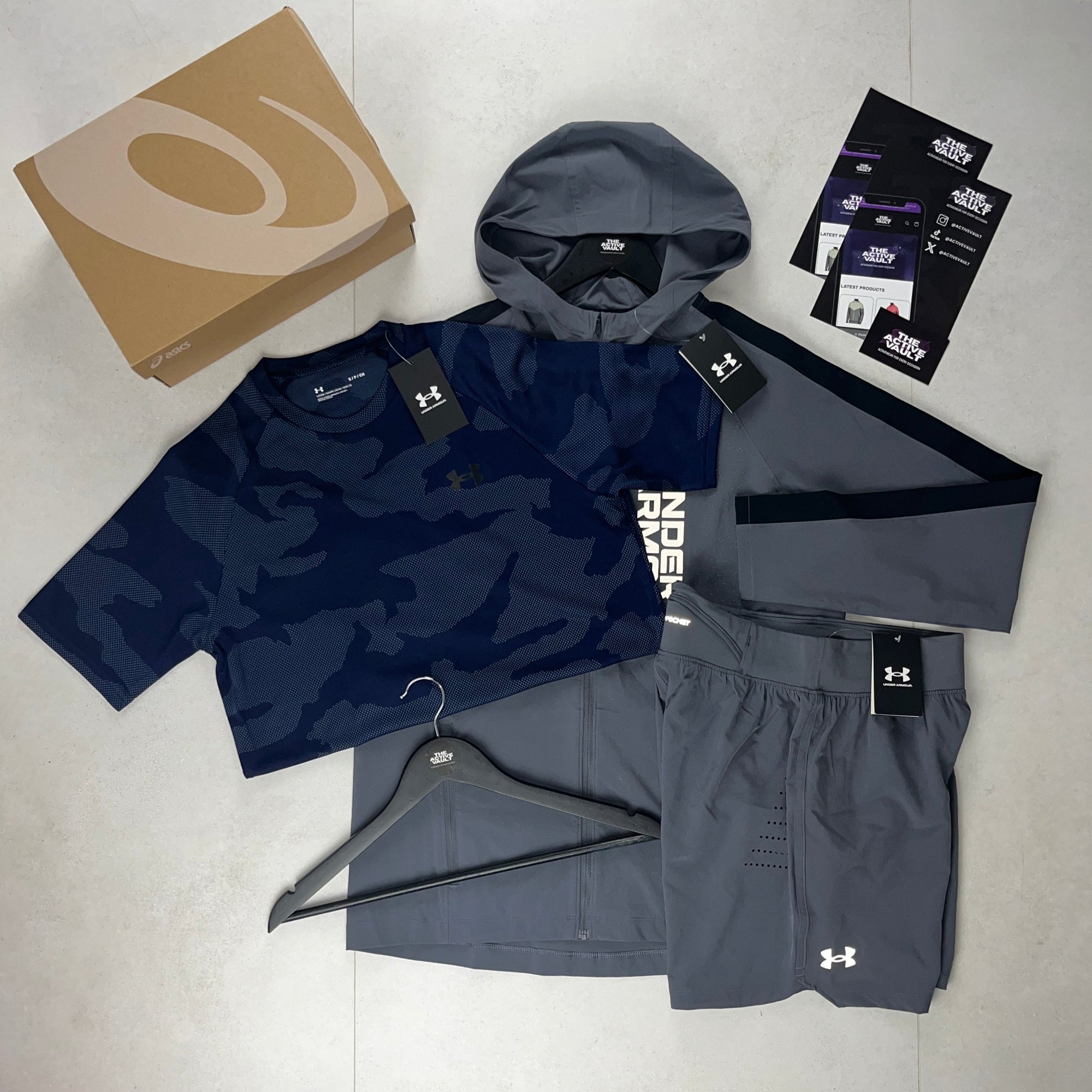 Under Armour Velocity Jacquard T-Shirt - Windbreaker - Speedpocket Shorts Outfit - Midnight Navy / Grey / Grey