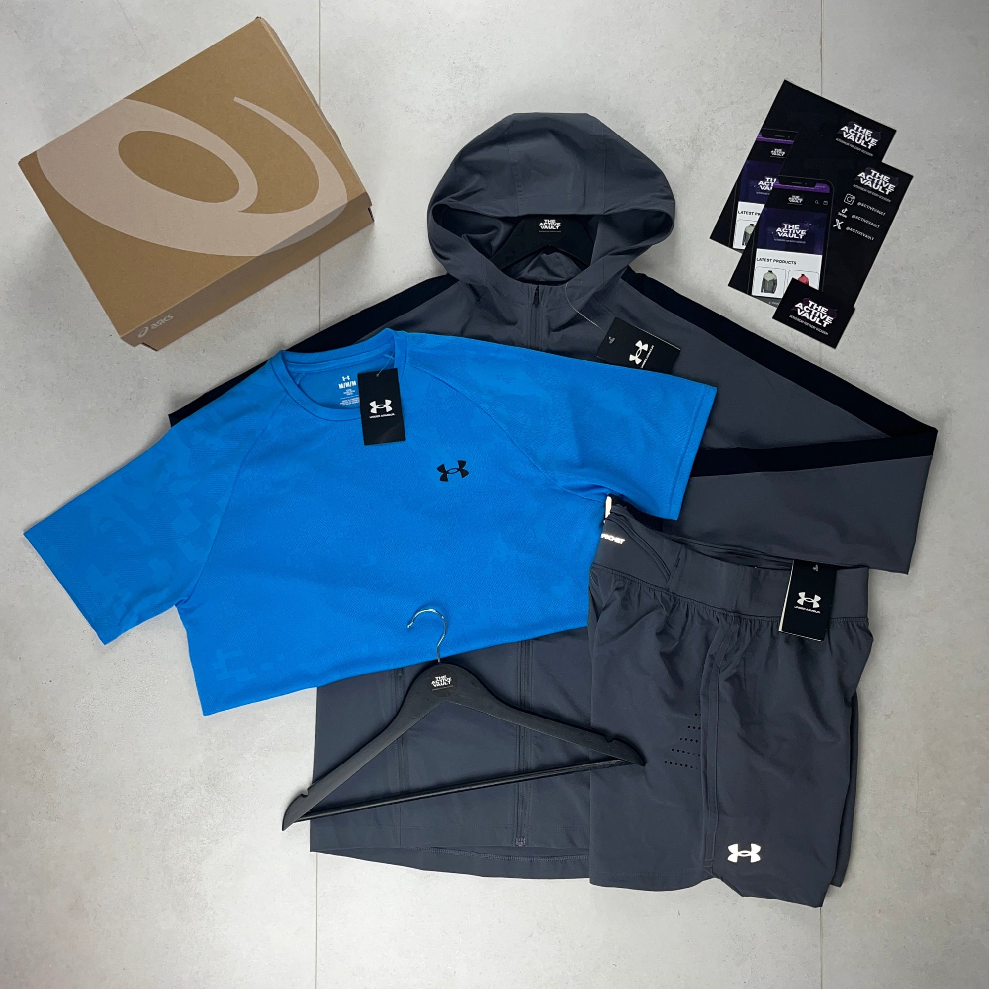 Under Armour Velocity Jacquard T-Shirt - Windbreaker - Speedpocket Shorts Outfit - Ether Blue / Grey / Grey