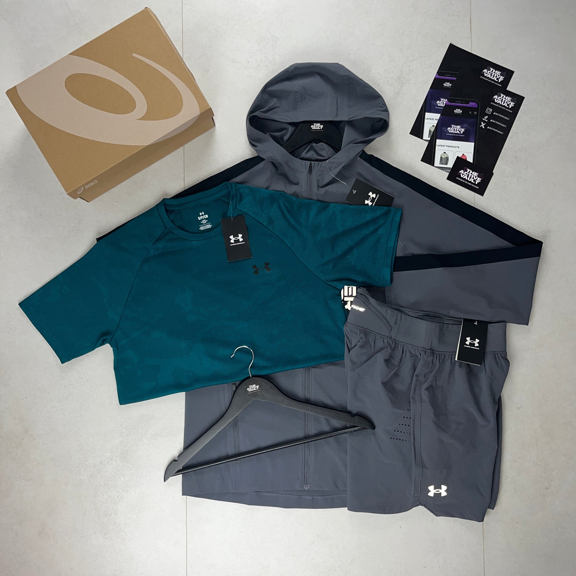 Under Armour Velocity Jacquard T-Shirt - Windbreaker - Speedpocket Shorts Outfit - Hydro Teal / Grey / Grey