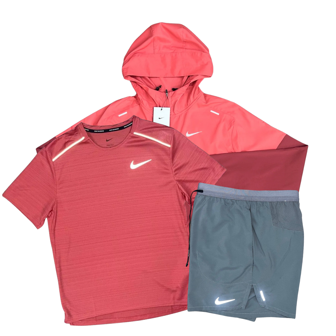 Nike Miler T-Shirt - Windrunner - Flex Stride Shorts Outfit - Adobe Red/Adobe Red/Smoke Grey