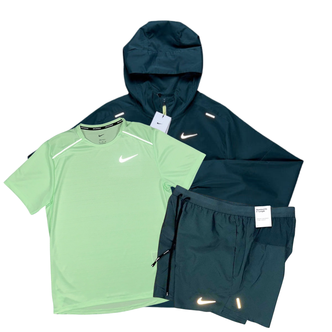 Nike Miler T-Shirt - Windrunner - Flex Stride Shorts Outfit - Deep Jungle Green/Vapour Green