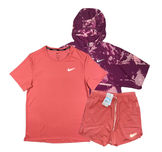 Nike Miler T-Shirt - Run Division Jacket - Flex Stride Shorts Outfit - Adobe Pink/Rosewood - Active Vault