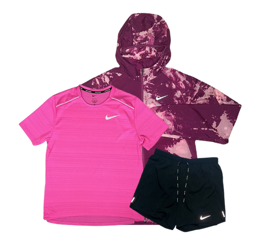 Nike Miler T-Shirt - Run Division Jacket - Flex Stride Shorts Outfit - Pink/Rosewood/Black - Active Vault