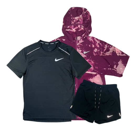 Nike Miler T-Shirt - Run Division Jacket - Flex Stride Shorts Outfit - Black/Rosewood/Black - Active Vault