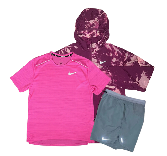 Nike Miler T-Shirt - Run Division Jacket - Flex Stride Shorts Outfit - Pink/Rosewood/Grey - Active Vault