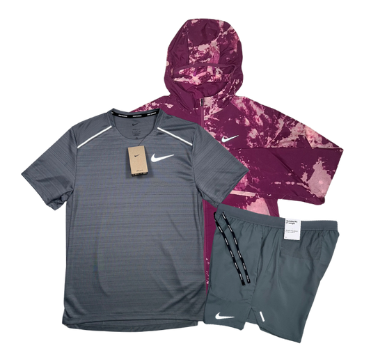 Nike Miler T-Shirt - Run Division Jacket - Flex Stride Shorts Outfit - Grey/Rosewood/Grey - Active Vault