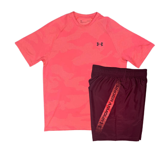 Under Armour Tech Velocity Jacquard Camo T-Shirt and Woven Graphic 7 Inch Shorts Set - Pink/Dark Maroon - Active Vault