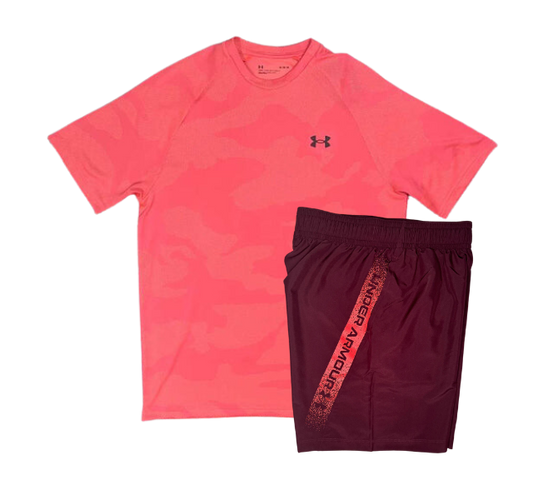 Under Armour Tech Velocity Jacquard Camo T-Shirt and Woven Graphic 7 Inch Shorts Set - Pink/Dark Maroon - Active Vault