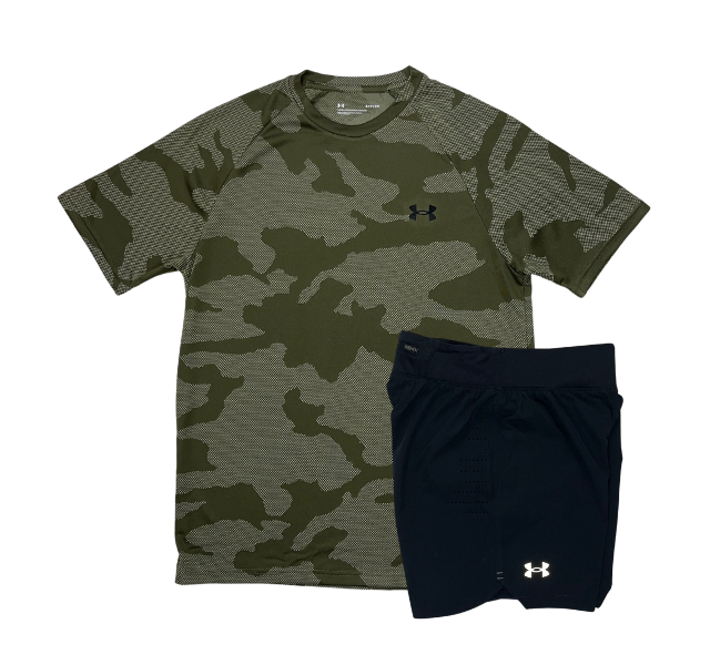 Under Armour Tech Velocity Jacquard Camo T-Shirt and Speedpocket 7 Inch Shorts Set - Marine Green/Black - Active Vault