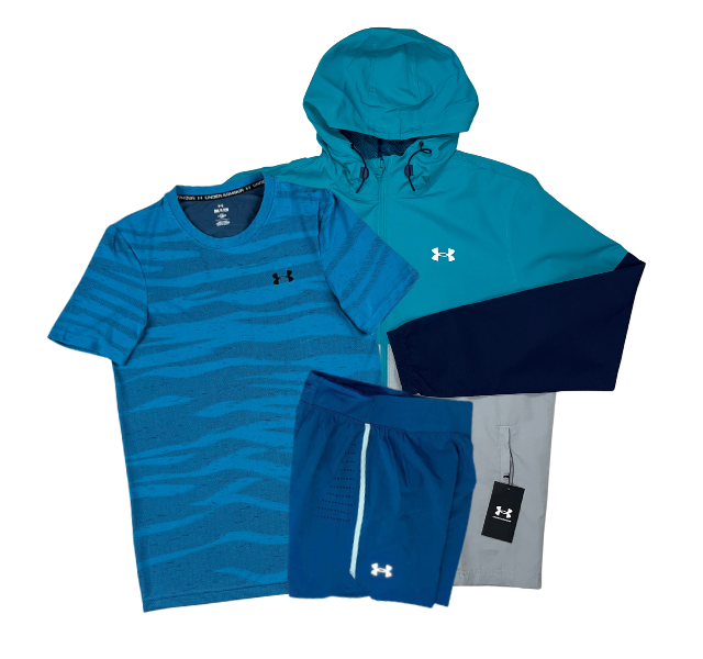 Under Armour Seamless Wave T-Shirt - Windrunner - Speedpocket Shorts Outfit - Blue