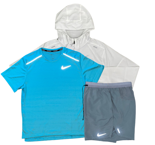 Nike Miler T-Shirt - Windrunner - Flex Stride Shorts Outfit - Baltic Blue/White/Grey