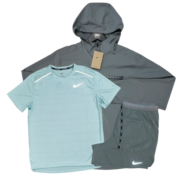 Nike Miler T-Shirt - Form GFX Windrunner - Flex Stride Shorts Outfit - Mineral Green/Grey/Grey