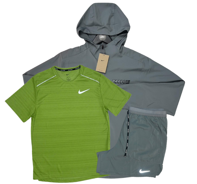 Nike Miler T-Shirt - Form GFX Windrunner - Flex Stride Shorts Outfit - Vivid Green/Grey/Grey - Active Vault