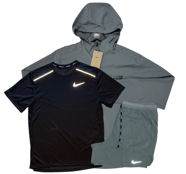 Nike Miler T-Shirt - Form GFX Windrunner - Flex Stride Shorts Outfit - Black/Grey/Grey