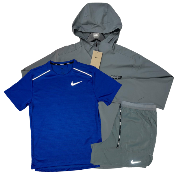 Nike Miler T-Shirt - Form GFX Windrunner - Flex Stride Shorts Outfit - Royal Blue/Grey/Grey