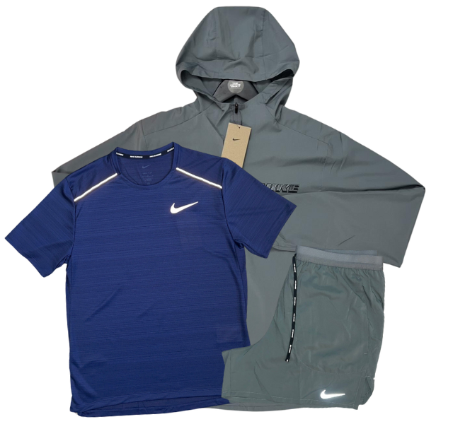 Nike Miler T-Shirt - Form GFX Windrunner - Flex Stride Shorts Outfit - Navy/Grey/Grey