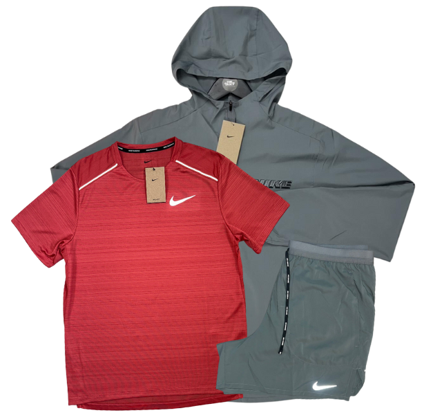 Nike Miler T-Shirt - Form GFX Windrunner - Flex Stride Shorts Outfit - Adobe Red/Grey/Grey