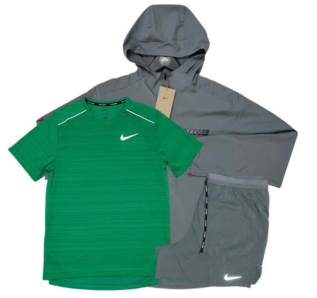 Nike Miler T-Shirt - Form GFX Windrunner - Flex Stride Shorts Outfit - Stadium Green/Grey/Grey