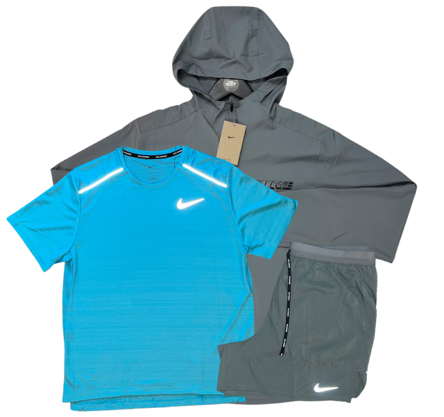 Nike Miler T-Shirt - Form GFX Windrunner - Flex Stride Shorts Outfit - Baltic Blue/Grey/Grey