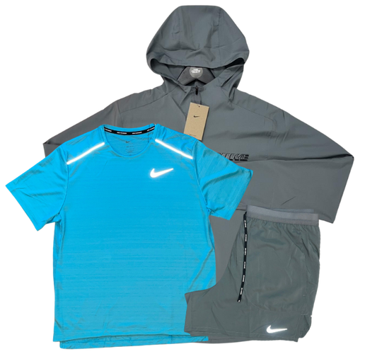 Nike Miler T-Shirt - Form GFX Windrunner - Flex Stride Shorts Outfit - Baltic Blue/Grey/Grey