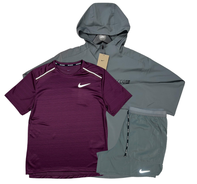 Nike Miler T-Shirt - Form GFX Windrunner - Flex Stride Shorts Outfit - Night Maroon/Grey/Grey