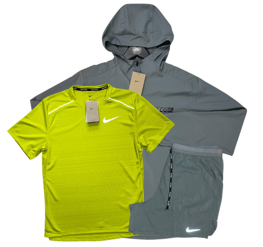 Nike Miler T-Shirt - Form GFX Windrunner - Flex Stride Shorts Outfit - Bright Cactus/Grey/Grey