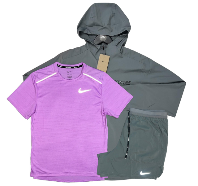Nike Miler T-Shirt - Form GFX Windrunner - Flex Stride Shorts Outfit - Candy Pink/Grey/Grey