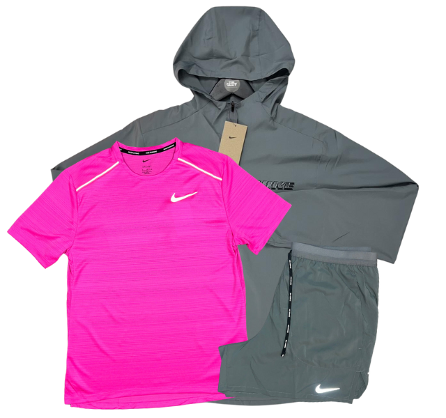 Nike Miler T-Shirt - Form GFX Windrunner - Flex Stride Shorts Outfit - Hot Pink/Grey/Grey