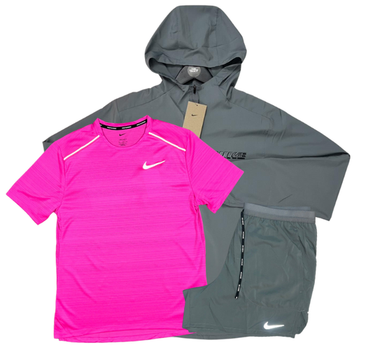 Nike Miler T-Shirt - Form GFX Windrunner - Flex Stride Shorts Outfit - Hot Pink/Grey/Grey
