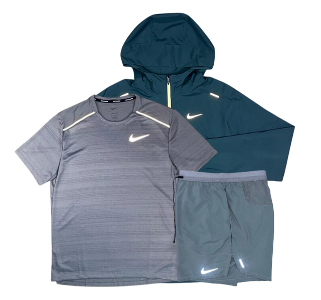 Nike Miler T-Shirt - Windrunner - Flex Stride Shorts Outfit - Grey/Deep Jungle Green/Grey