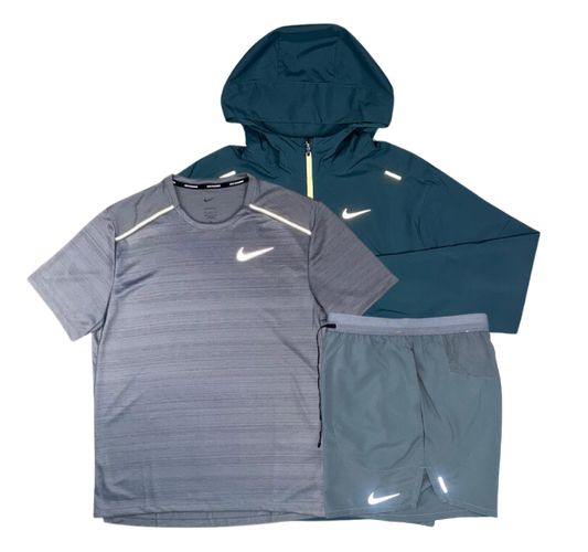 Nike Miler T-Shirt - Windrunner - Flex Stride Shorts Outfit - Grey/Deep Jungle Green/Grey