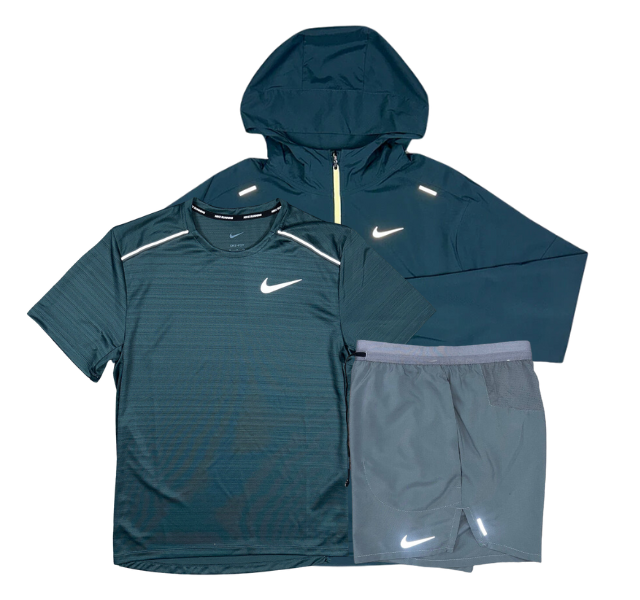 Nike Miler T-Shirt - Windrunner - Flex Stride Shorts Outfit - Deep Jungle Green/Grey