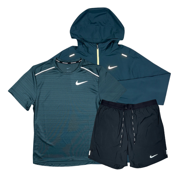 Nike Miler T-Shirt - Windrunner - Flex Stride Shorts Outfit - Deep Jungle Green/Black