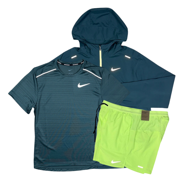 Nike Miler T-Shirt - Windrunner - Flex Stride Shorts Outfit - Deep Jungle Green/Ghost Green