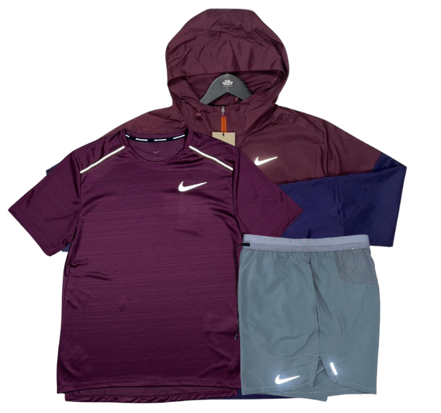 Nike Miler T-Shirt - Windrunner - Flex Stride Shorts Outfit - Night Maroon/Grey