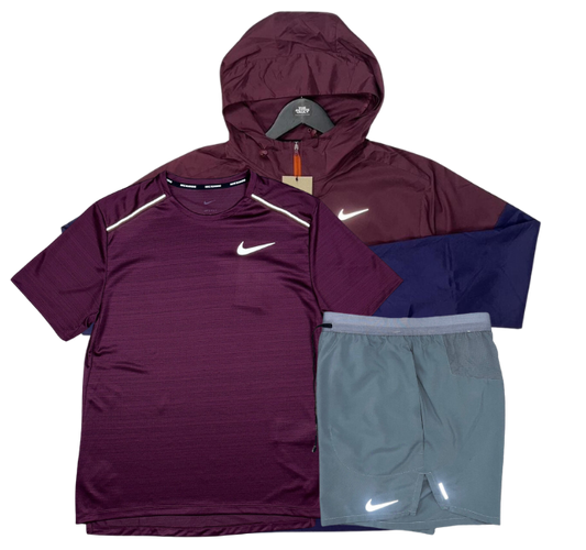 Nike Miler T-Shirt - Windrunner - Flex Stride Shorts Outfit - Night Maroon/Grey