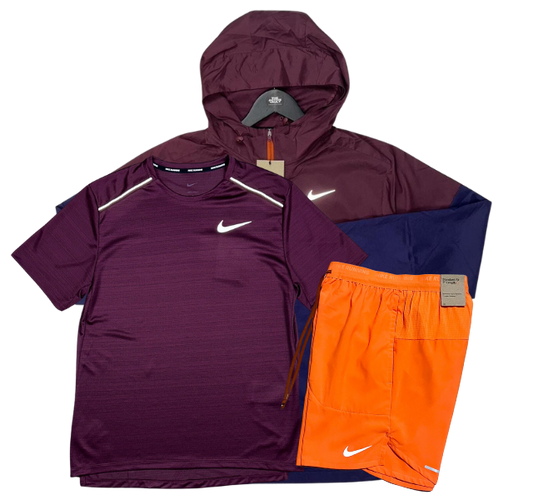 Nike Miler T-Shirt - Windrunner - Flex Stride Shorts Outfit - Night Maroon/Orange