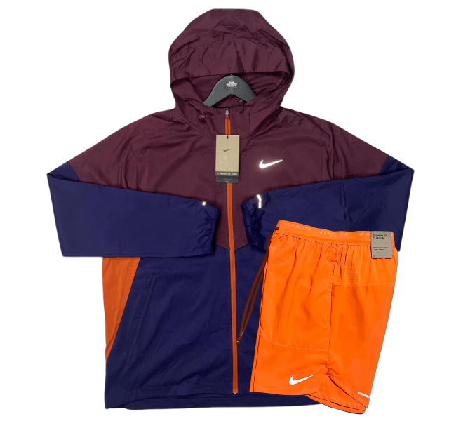 Nike Miler T-Shirt - Windrunner - Flex Stride Shorts Outfit - Navy/Night Maroon/Orange