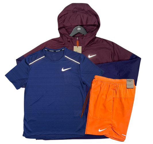 Nike Miler T-Shirt - Windrunner - Flex Stride Shorts Outfit - Navy/Night Maroon/Orange