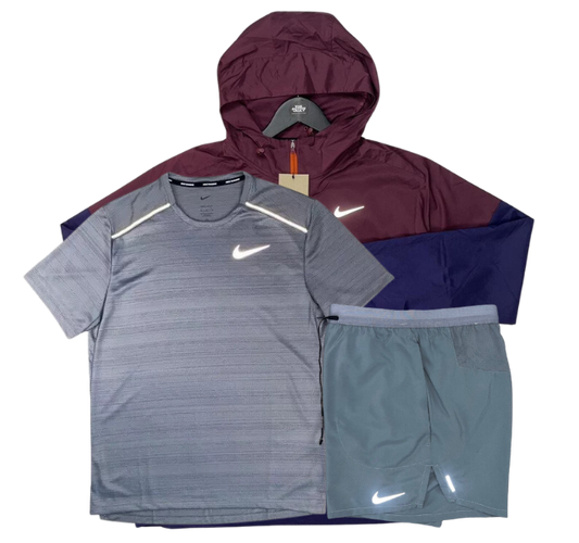 Nike Miler T-Shirt - Windrunner - Flex Stride Shorts Outfit - Grey/Night Maroon/Grey