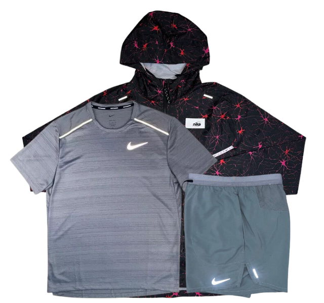 Nike Miler T-Shirt - D.Y.E Windrunner - Flex Stride Shorts Outfit - Grey/Black/Grey