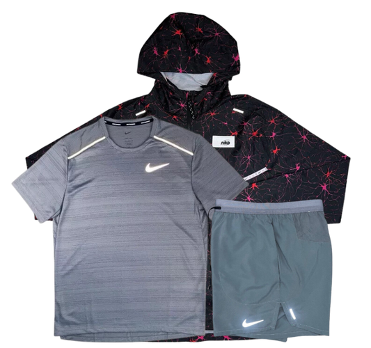 Nike Miler T-Shirt - D.Y.E Windrunner - Flex Stride Shorts Outfit - Grey/Black/Grey